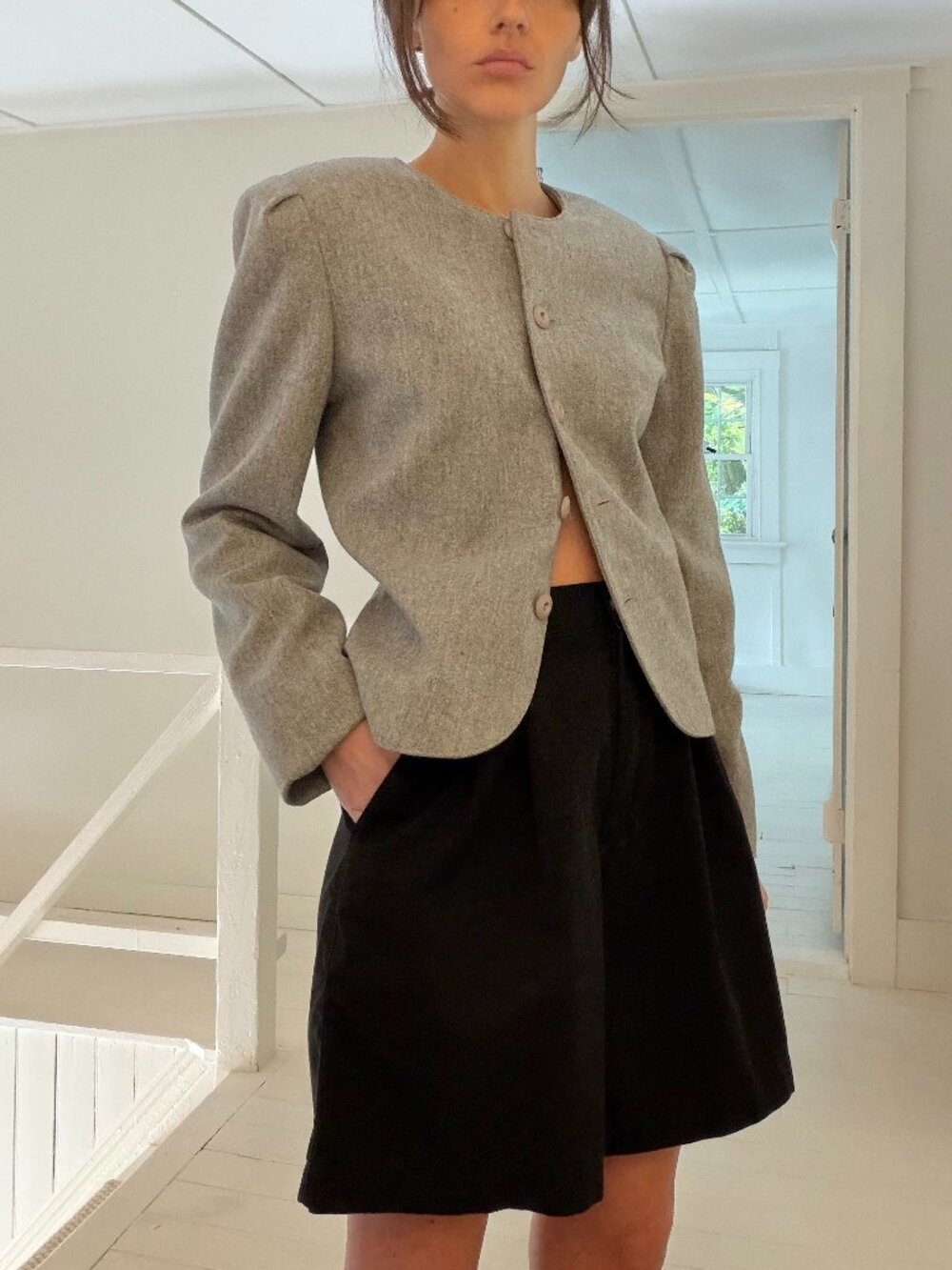 College Town Vintage 80s Wool Collarless Blazer Jacket Size 9/10 Grey